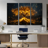 60194-MGV-CV-36X24-Glowing Tree Wall Art – Golden Roots Fantasy Canvas Print, Mystical Illuminated Tree Painting Poster for Living Room, Bedroom,