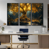 92739-MGV-CV-36X24-Glowing Tree Wall Art – Enchanted Golden Forest Canvas Print, Mystical Illuminated Nature Painting Poster for Living Room,