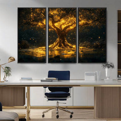 59580-MGV-CV-36X24-Glowing Tree Wall Art – Golden Fantasy Nature Canvas Print, Mystical Illuminated Tree Painting Poster for Living Room, Bedroom,