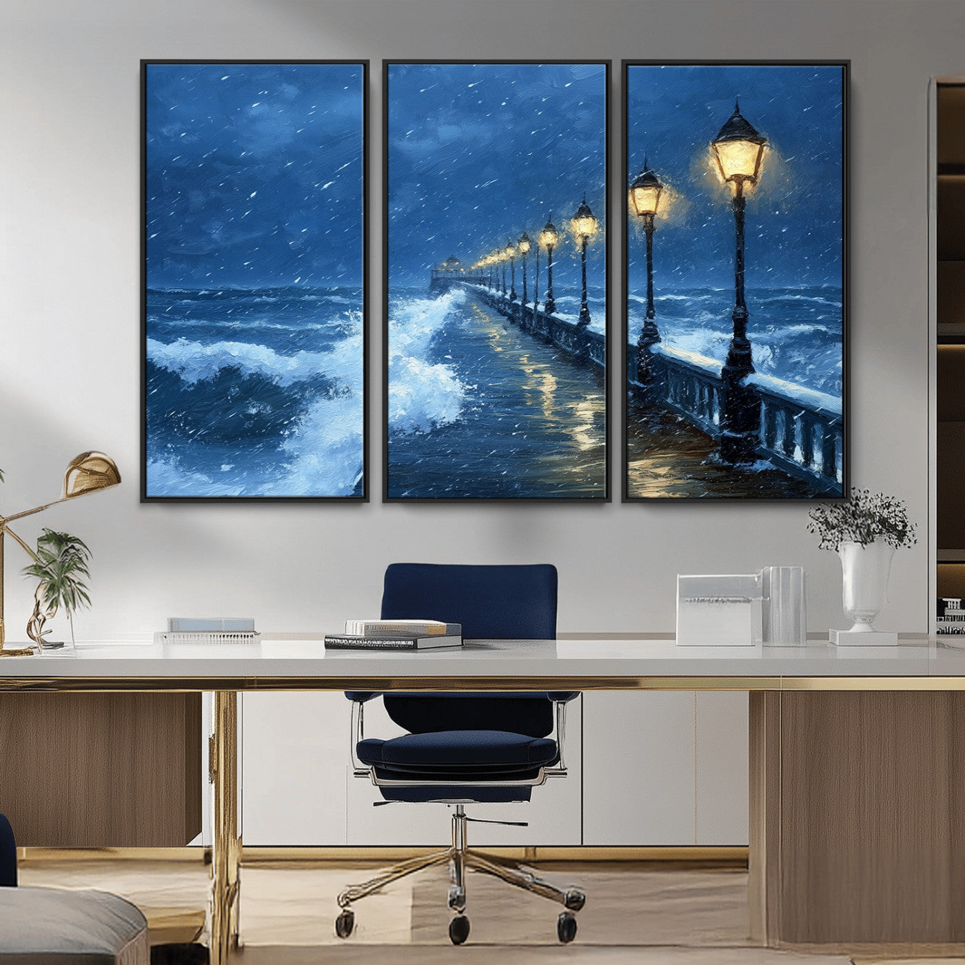 32668-MGV-CV-36X24-Stormy Pier Wall Art – Ocean Waves and Street Lamps Canvas Print, Rainy Night Seascape Oil Painting Poster for Living Room,