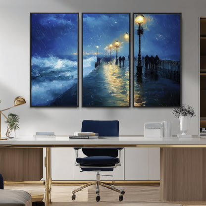 76572-MGV-CV-36X24-Stormy Night Pier Wall Art – Ocean Waves and Street Lamps Canvas Print, Rainy Seascape Oil Painting Poster for Living Room,