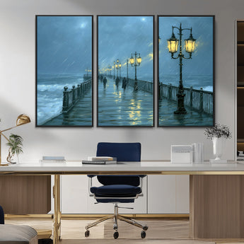 79606-MGV-CV-36X24-Rainy Pier Night Wall Art – Ocean Waves and Street Lamps Canvas Print, Moody Seascape Oil Painting Poster for Living Room,