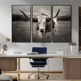 69238-MGV-CV-36X24-Longhorn Bull Wall Art – Rustic Black and White Texas Cattle Canvas Print, Western Farmhouse Animal Photography for Living Room,