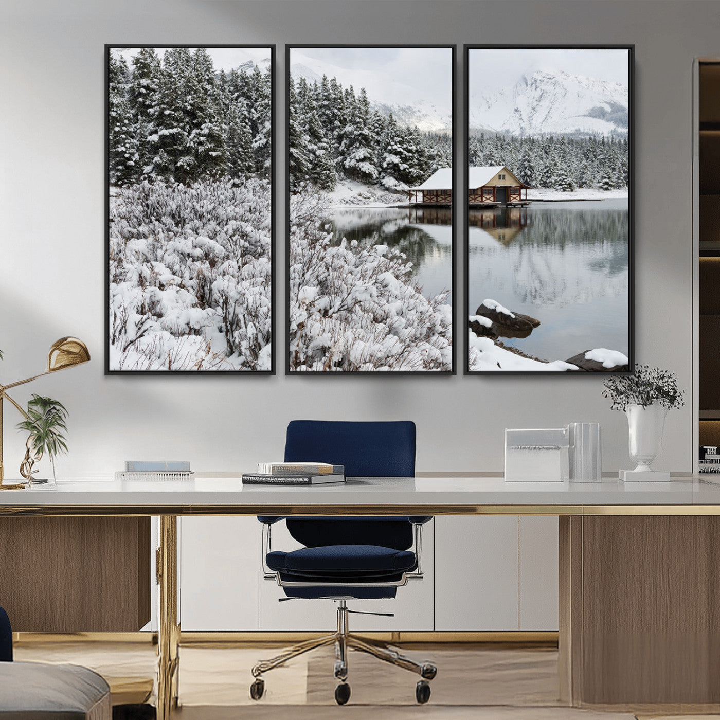 94285-MGV-CV-36X24-Snowy Cabin Wall Art Canvas Print, Framed Winter Cabin Art Picture Print, Mountain Lake Perfect Snowy Nature Decor Artwork