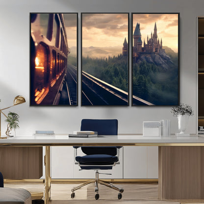 84029-MGV-CV-36X24-Fantasy Castle Wall Art – Magical Train Sunset Forest Canvas Print, Enchanted Landscape Painting Poster for Living Room, Bedroom,