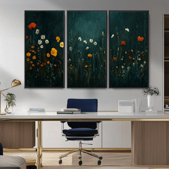 87037-MGV-CV-36X24-Wildflower Wall Art – Dark Botanical Floral Canvas Print, Modern Nature Painting Poster with Daisies Poppies Orange Flowers for