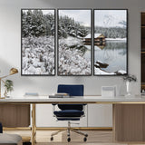 29975-MGV-CV-36X24-Winter Cabin by the Lake Wall Art – Snowy Mountain Landscape Canvas Print, Rustic Lodge Cabin Decor for Cozy Living Room, Bedroom