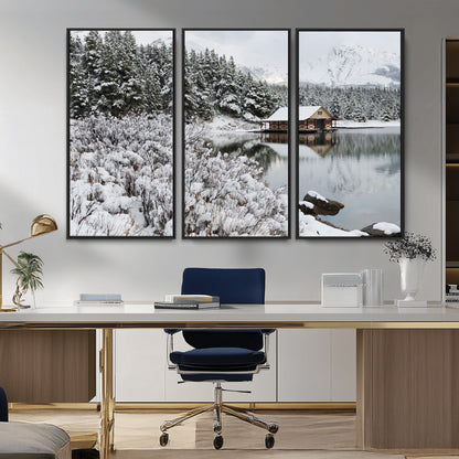 29975-MGV-CV-36X24-Winter Cabin by the Lake Wall Art – Snowy Mountain Landscape Canvas Print, Rustic Lodge Cabin Decor for Cozy Living Room, Bedroom