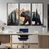 90077-MGV-CV-36X24-Wood Grizzly Bear Wall Art Canvas Print, Framed Abstract Bear Art Picture Print, Bear in Forest Perfect Rustic Lodge Decor Artwork