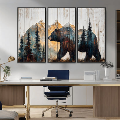 90077-MGV-CV-36X24-Wood Grizzly Bear Wall Art Canvas Print, Framed Abstract Bear Art Picture Print, Bear in Forest Perfect Rustic Lodge Decor Artwork