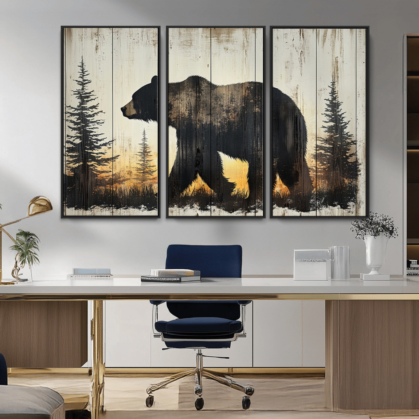 83875-MGV-CV-36X24-Sunset Bear Wall Art – Rustic Wildlife Canvas Print with Forest Silhouette, Cabin Lodge Decor for Living Room or Office