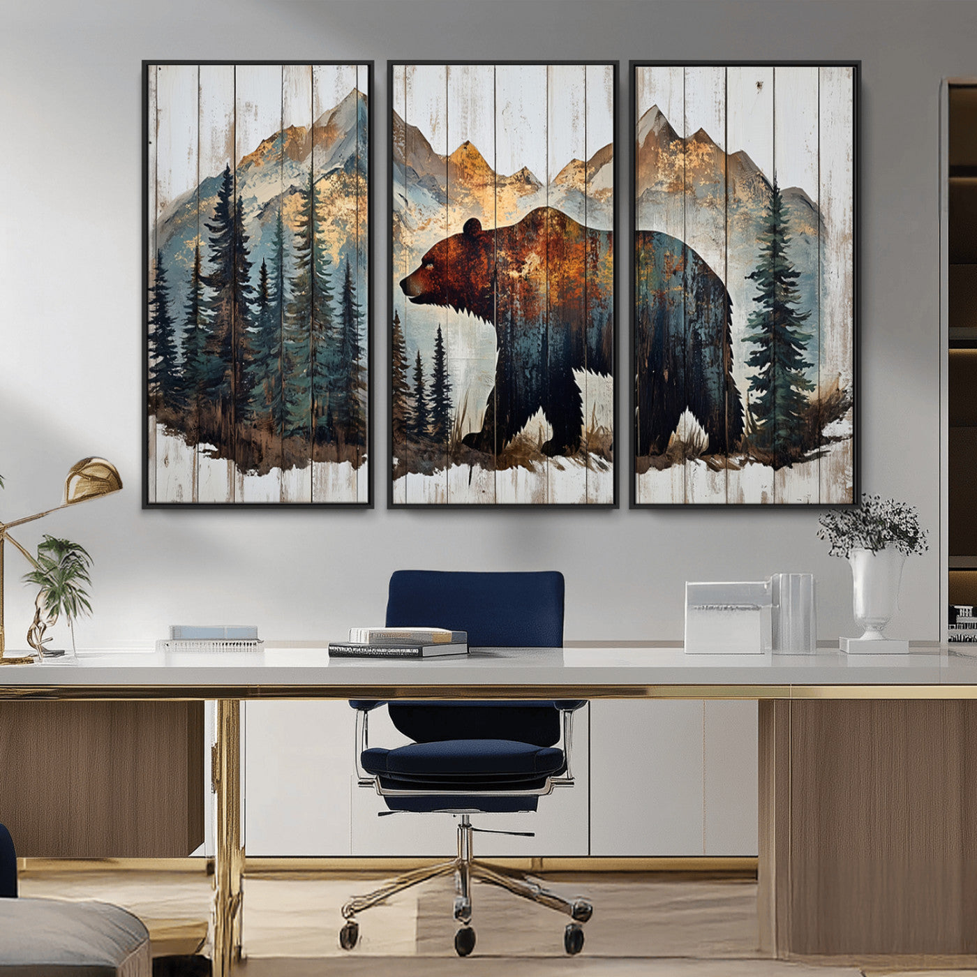 55777-MGV-CV-36X24-Rustic Bear Wall Art Canvas Print, Framed Mountain and Forest Art Picture Print, Wooden Bear Perfect Rustic Lodge Decor Artwork