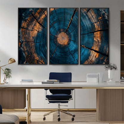 65231-MGV-CV-36X24-Blue and Gold Tree Ring Wall Art – Rustic Abstract Wood Slice Canvas Print, Modern Nature Inspired Artwork for Living Room,