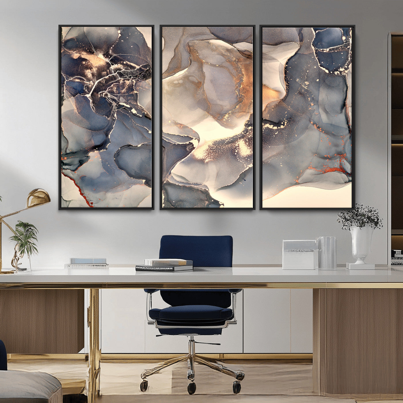 18202-MGV-FC-48X32-3P_Black-Abstract Neutral Wall Art – Blue, Beige and Gold Fluid Ink Canvas Print, Modern Minimalist Painting for Living Room, Office