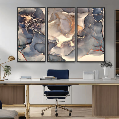 18202-MGV-FC-48X32-3P_Black-Abstract Neutral Wall Art – Blue, Beige and Gold Fluid Ink Canvas Print, Modern Minimalist Painting for Living Room, Office