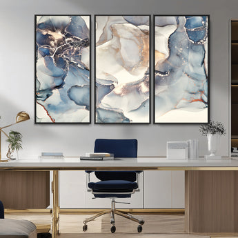 51497-MGV-FC-48X32-3P_Black-Abstract Blue and Gold Wall Art – Modern Fluid Ink Style Canvas Print, Elegant Contemporary Decor for Living Room, Office