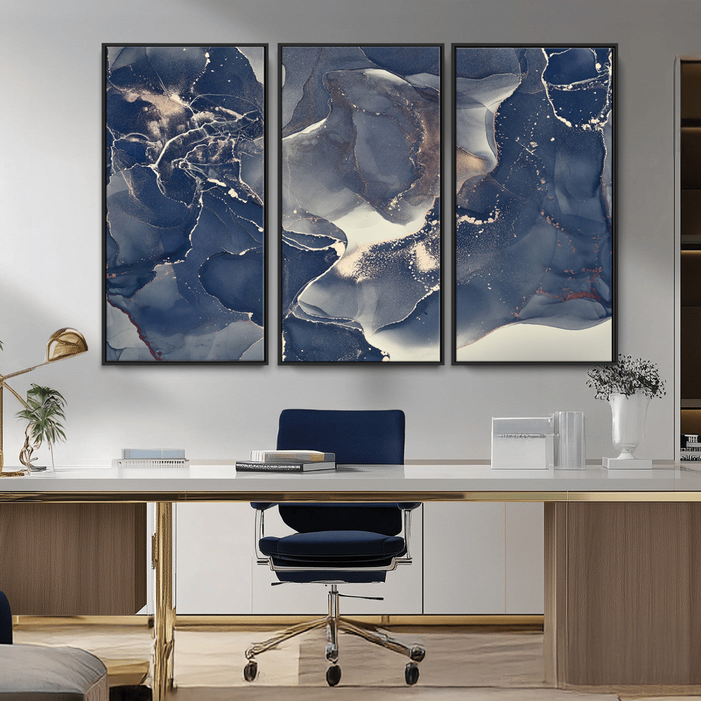 28282-MGV-CV-36X24-Blue Abstract Wall Art – Modern Ink Swirl Canvas Print, Contemporary Navy and Gold Painting for Living Room, Bedroom, Office or