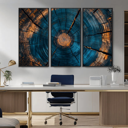 13398-MGV-FC-48X32-3P_Black-Tree Ring Wall Art – Abstract Wood Grain Canvas Print with Blue and Orange Accents, Rustic Nature Inspired Artwork for Living