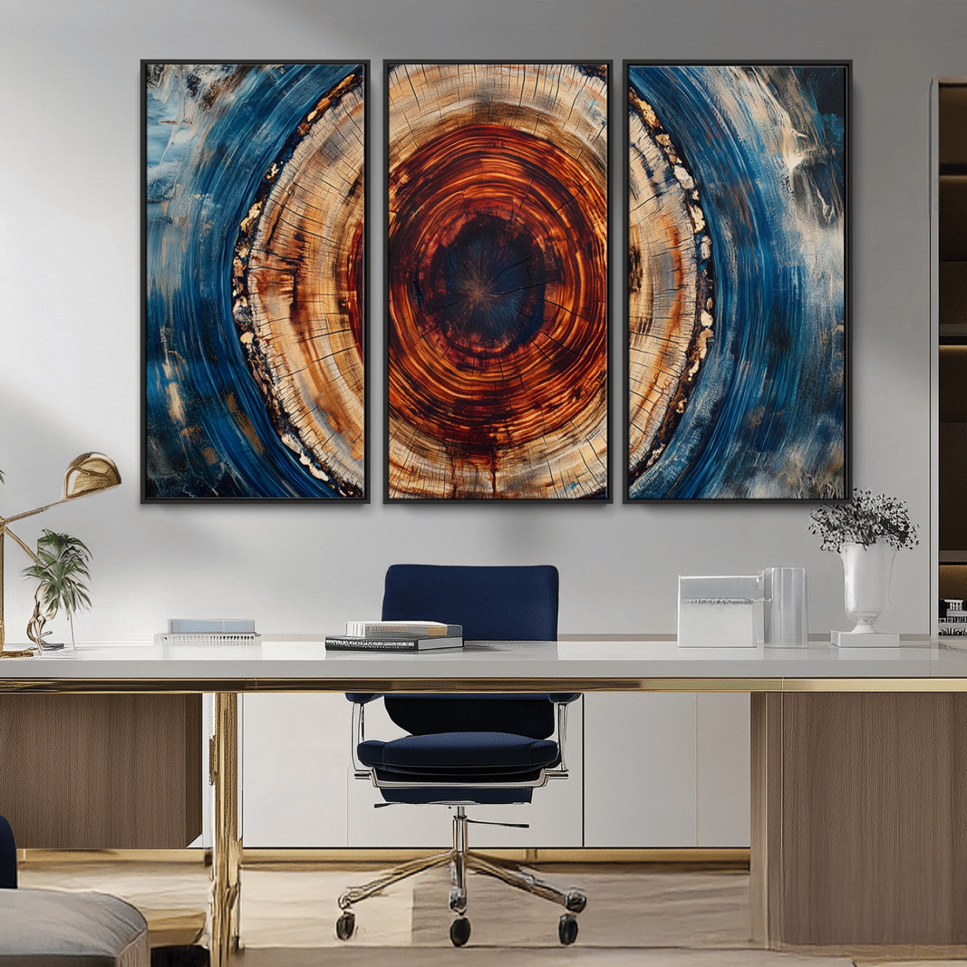 90395-MGV-CV-36X24-Tree Ring Wall Art – Abstract Wood Grain Canvas Print with Fiery Red and Blue Tones, Bold Rustic Nature Inspired Artwork Decor for