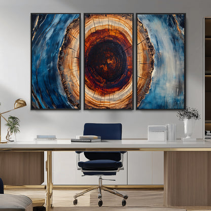 30457-MGV-CV-36X24-Tree Ring Wall Art – Abstract Wood Grain Canvas Print with Brown and Blue Swirl, Rustic Nature Inspired Artwork for Living Room,