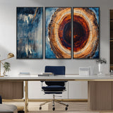 48045-MGV-FC-48X32-3P_Black-Tree Ring Abstract Wall Art – Rustic Wood Grain Canvas Print with Brown Center and Blue Brush Strokes, Nature Inspired Artwork for