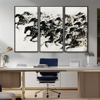 23069-MGV-CV-36X24-Galloping Horses Wall Art – Black Ink Painting on Canvas, Dynamic Equestrian Artwork with Running Stallions, Expressive Modern