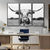 20272-MGV-CV-36X24-Highland Cow Wall Art – Black and White Western Longhorn Canvas Print, Farmhouse Living Room Decor Southwestern Animal Artwork for