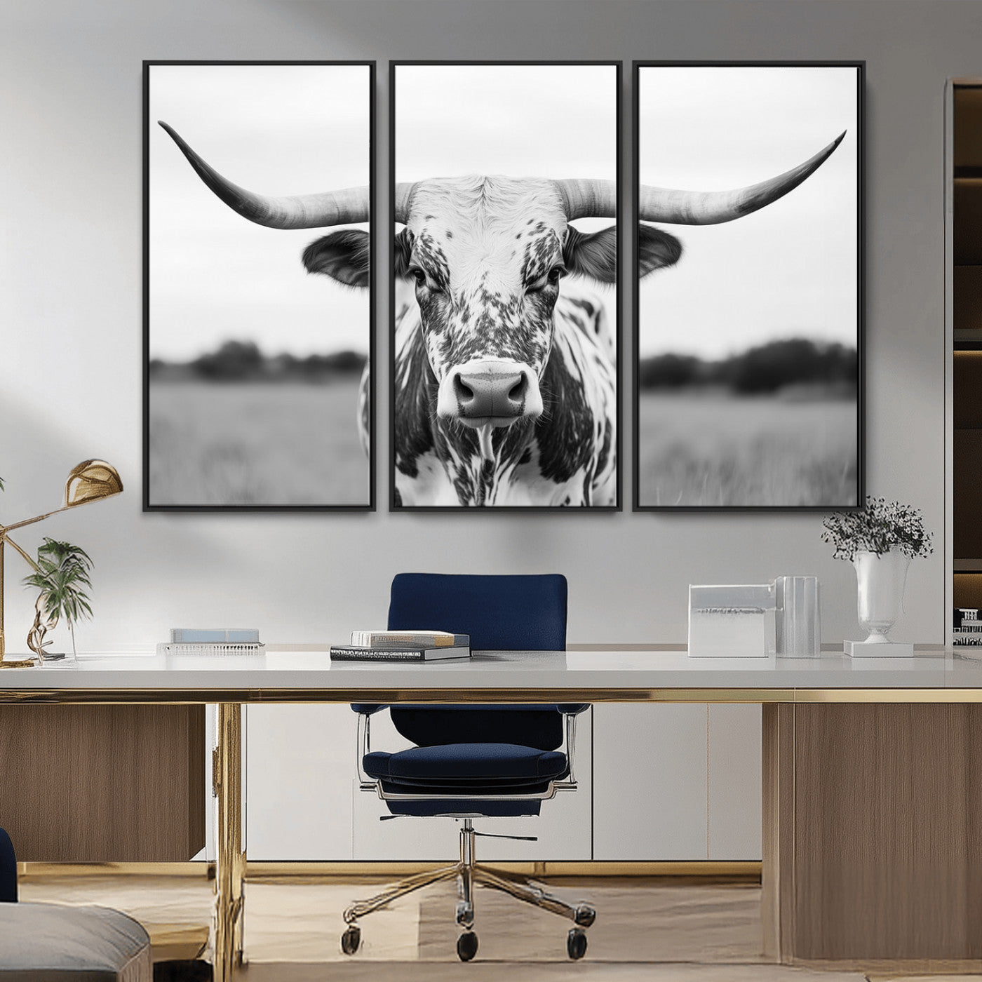 20272-MGV-CV-36X24-Texas Longhorn Wall Art – Black and White Cowboy Western Canvas Print, Rustic Farmhouse Cattle Photography Decor for Ranch, Barn