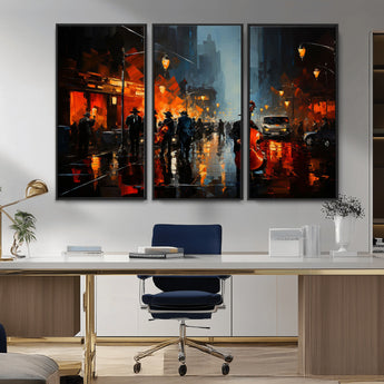 46538-MGV-CV-36X24-Urban Jazz Night Wall Art – Dramatic Music Canvas Print with Double Bass and Street Musicians, Modern City Scene Artwork for