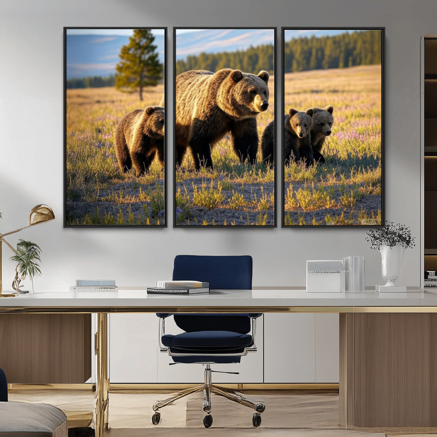 43400-MGV-CV-36X24-Bear Family Wall Art – Wildlife Canvas Print of Mother Bear with Cubs in Sunlit Meadow, Rustic Animal Artwork for Living Room,