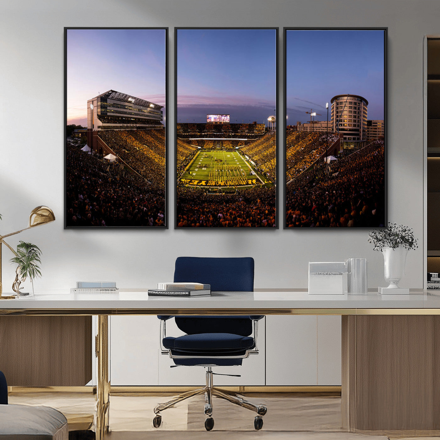 82557-MGV-CV-36X24-College Football Stadium Wall Art – Panoramic Sunset Canvas Print with Marching Band and Game Day Crowd, Sports Artwork for Man