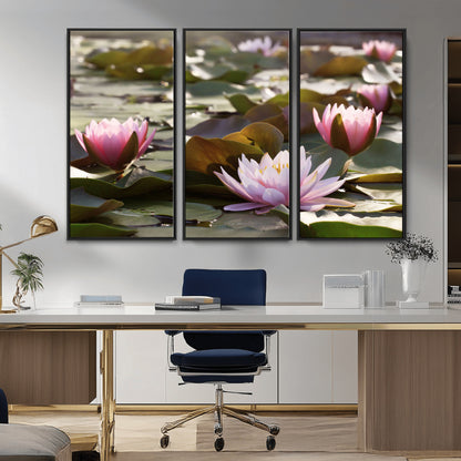 28394-MGV-CV-36X24-Water Lily Pond Wall Art – Pink Lotus Flowers Canvas Print with Green Lily Pads, Peaceful Botanical Artwork for Living Room,