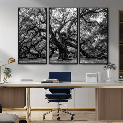 132944706-MGV-CV-36X24-Ancient Tree Wall Art – Black and White Photography Canvas Print Featuring Majestic Twisting Branches, Rustic Nature Artwork for
