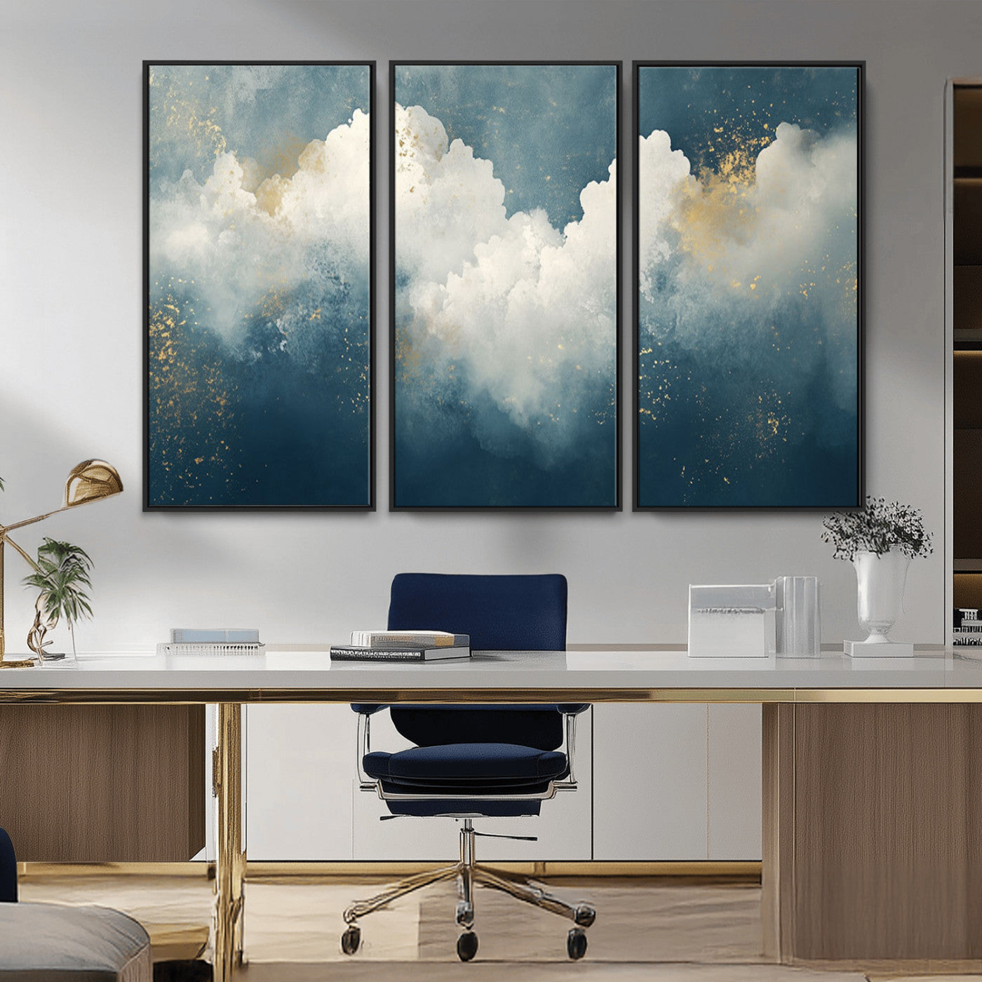 75131-MGV-CV-36X24-Abstract Cloud Wall Art – Modern Canvas Print Featuring Blue and White Clouds with Golden Accents, Contemporary Artwork for Living
