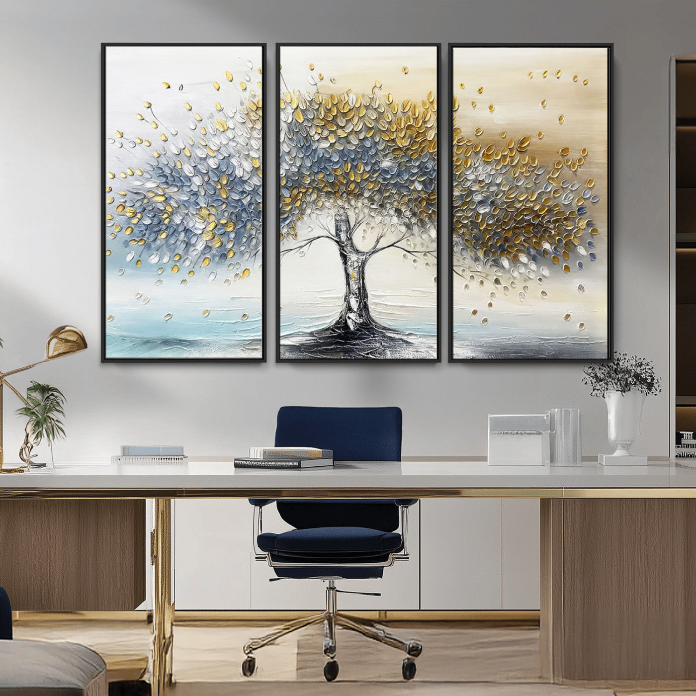 24771-MGV-CV-36X24-Silver Tree Wall Art Canvas Print, Framed Golden Leaves Art Picture Print, Metallic Tree Perfect Minimalist Luxury Decor Artwork