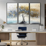 24771-MGV-CV-36X24-Silver Tree Wall Art Canvas Print, Framed Golden Leaves Art Picture Print, Metallic Tree Perfect Minimalist Luxury Decor Artwork