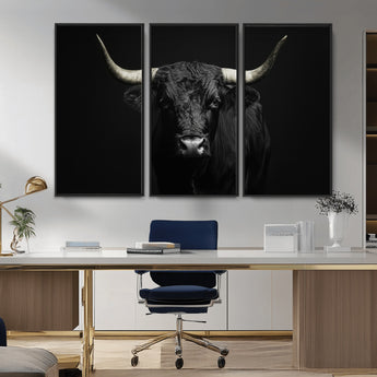 97914921-MGV-CV-36X24-Black Bull Wall Art Canvas Print, Framed Longhorn Bull Art Picture Print, Western Bull Perfect Monochrome Western Decor Artwork