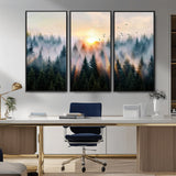 56391411-MGV-CV-36X24-Misty Forest Wall Art Canvas Print, Framed Sunrise Pines Art Picture Print, Moody Pines Perfect Serene Woodland Decor Artwork