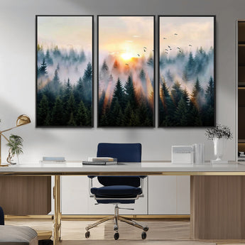 56391411-MGV-CV-36X24-Misty Forest Wall Art Canvas Print, Framed Sunrise Pines Art Picture Print, Moody Pines Perfect Serene Woodland Decor Artwork