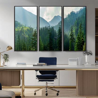 83417191-MGV-CV-36X24-Misty Mountain Forest Wall Art – Pine Tree Landscape Canvas Print, Nature Photography Panorama, Tranquil Green Forest Décor for