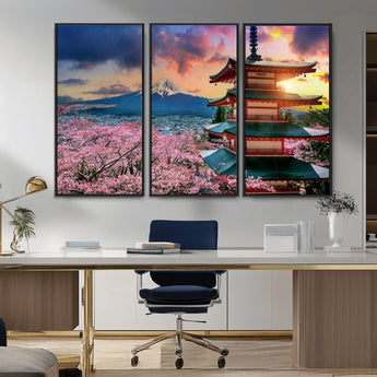 32331262-MGV-CV-36X24-Mount Fuji Japan Wall Art – Cherry Blossom Landscape Canvas Print, Chureito Pagoda Sunset Photography, Japanese Nature Travel