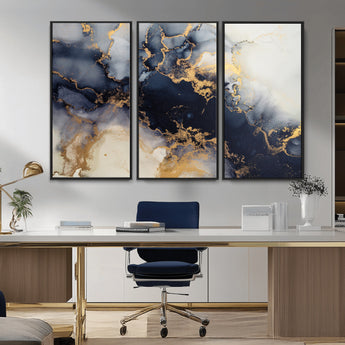 41136487-MGV-CV-36X24-Black Marble Wall Art Canvas Print, Framed Gold Veins Art Picture Print, Abstract Texture Perfect Moody Luxe Decor Artwork