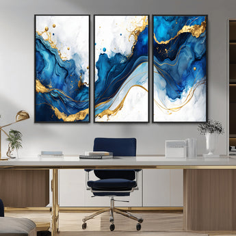 33506371-MGV-CV-36X24-Blue Marble Wall Art Canvas Print, Framed Gold Splash Art Picture Print, Abstract Wave Perfect Modern Luxe Decor Artwork