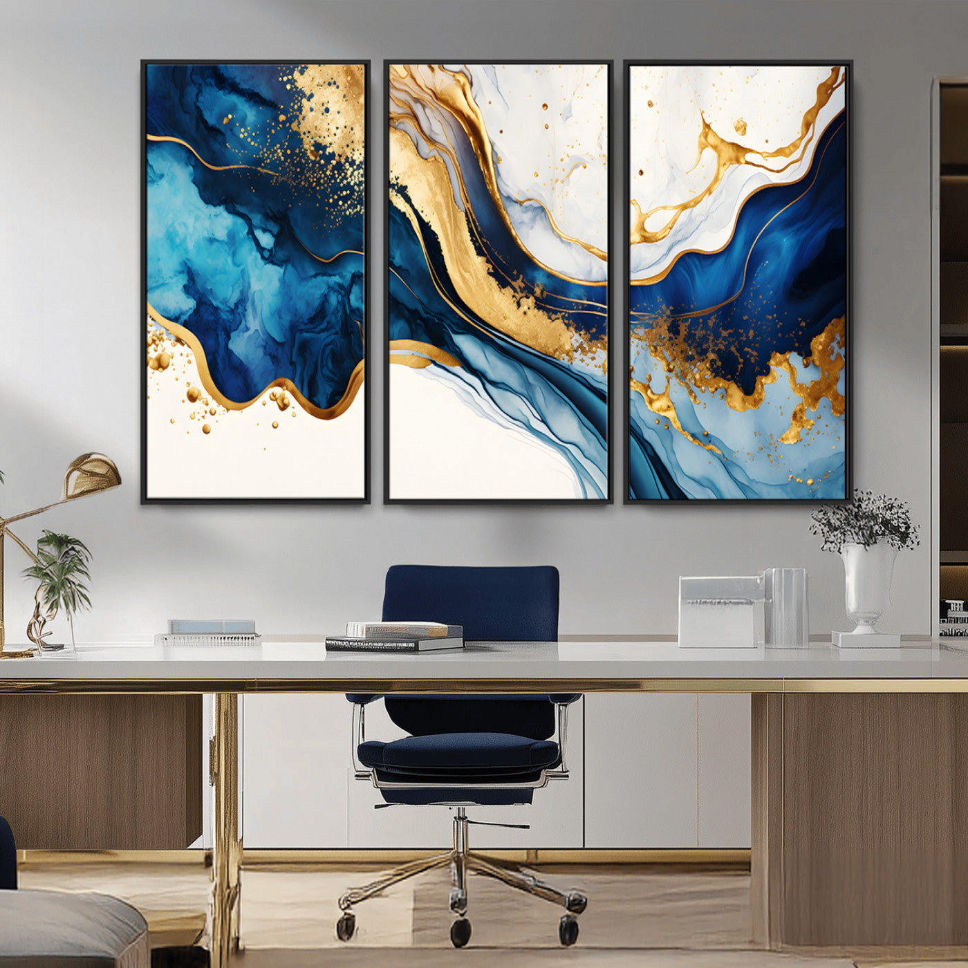 60283636-MGV-CV-36X24-Blue Gold Flow Wall Art Canvas Print, Framed Marble Texture Art Picture Print, Elegant Splash Perfect Elegant Abstract Decor