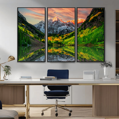 59533484-MGV-FC-48X32-3P_Black-Maroon Bells Autumn Wall Art – Panoramic Mountain Landscape Canvas Print, Sunset Reflection Nature Artwork for Living Room, Office