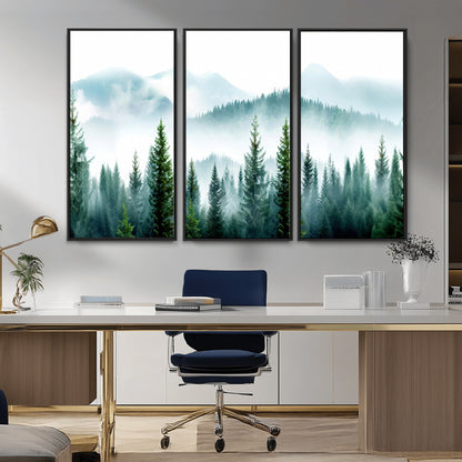 16716676-MGV-CV-36X24-Pine Forest Wall Art Canvas Print, Framed Misty Mountains Art Picture Print, Foggy Trees Perfect Moody Forest Decor Artwork