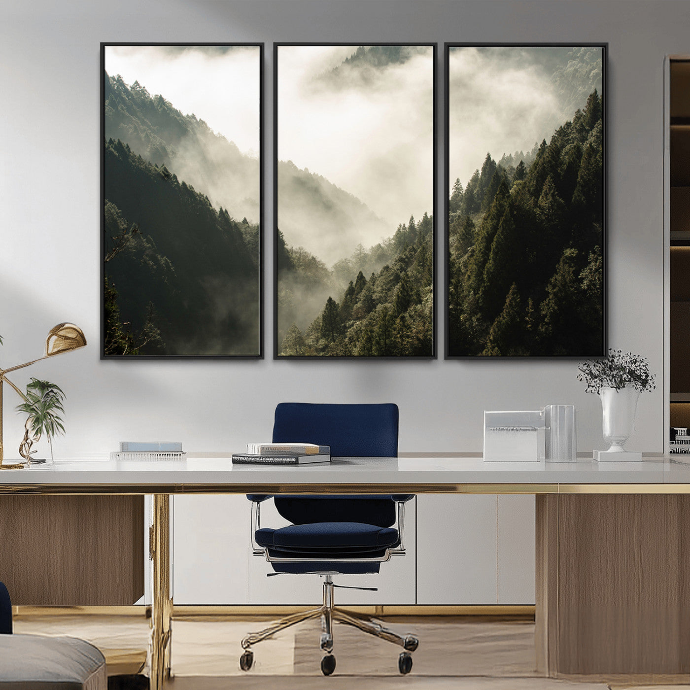 57570237-MGV-CV-36X24-Misty Valley Wall Art Canvas Print, Framed Foggy Forest Art Picture Print, Pine Trees Perfect Moody Woodland Decor Artwork