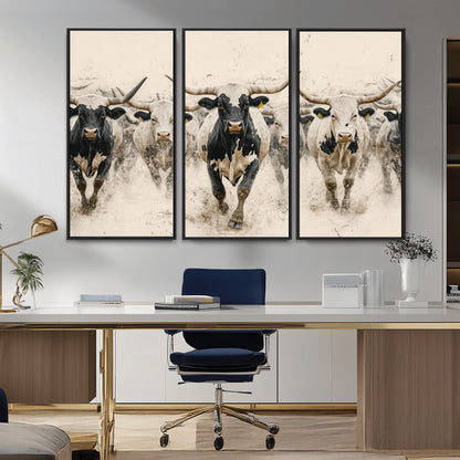61538944-MGV-CV-36X24-Texas Longhorn Wall Art Canvas Print, Framed Cattles Walking Art Picture Print, Black White Bulls Perfect Rustic Western Decor