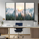 92718976-MGV-FC-48X32-3P_Black-Misty Forest Wall Art Canvas Print, Framed Sunrise Pines Art Picture Print, Foggy Woodland Perfect Moody Woodland Decor Artwork