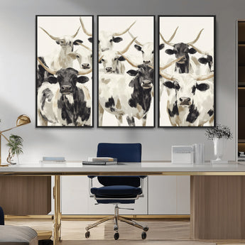 52947970-MGV-CV-36X24-Texas Longhorn Wall Art Canvas Print, Framed Cattle Herd Art Picture Print, Herd Portrait Perfect Modern Farmhouse Decor Artwork